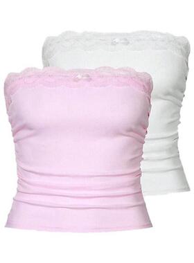 Y2K streetwear women tank top cute lace solid color casual v