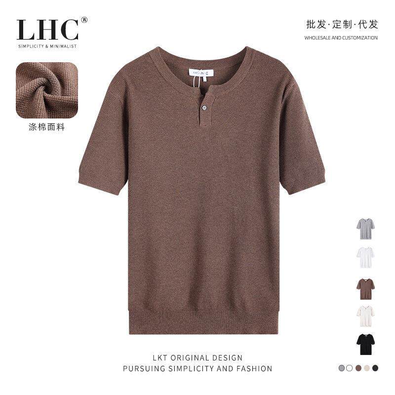 菠萝纹针织重磅短袖t恤士潮牌装衣服夏天生亨利领潮流半袖
