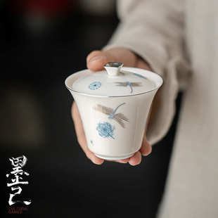 墨己 功夫茶具主泡茶碗茶室家用 玉泥陶瓷盖碗 蓝蜻蜓高宽泡茶碗