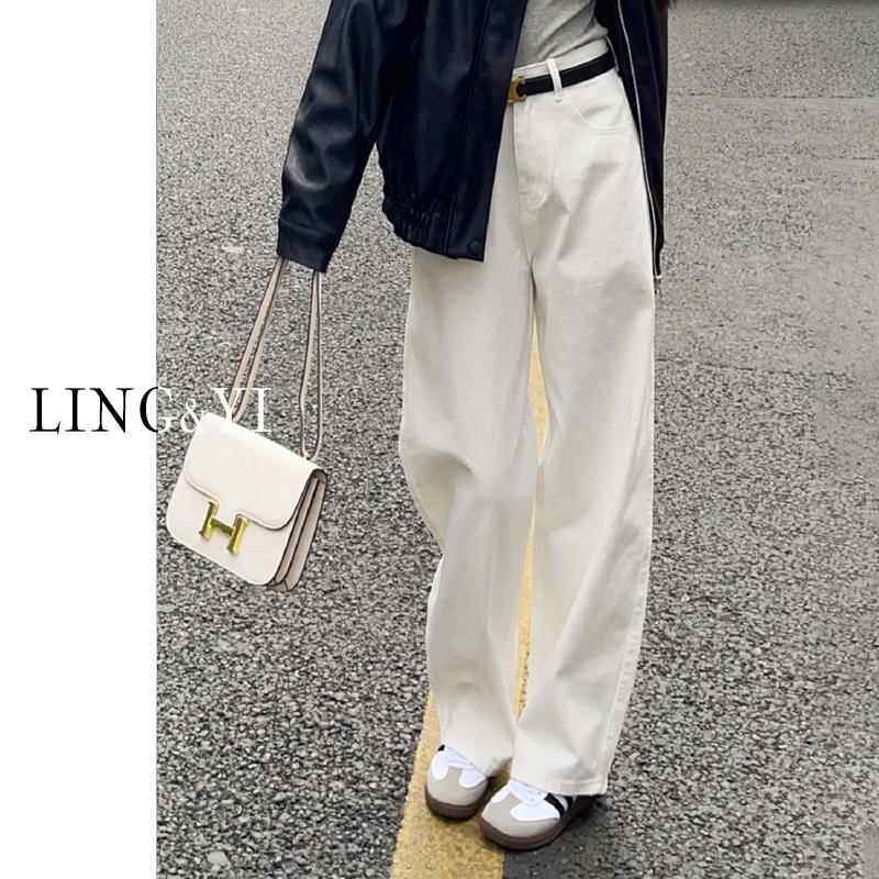 白色窄版阔腿牛仔裤女2025春季新款高腰显瘦小个子直筒垂感拖地裤