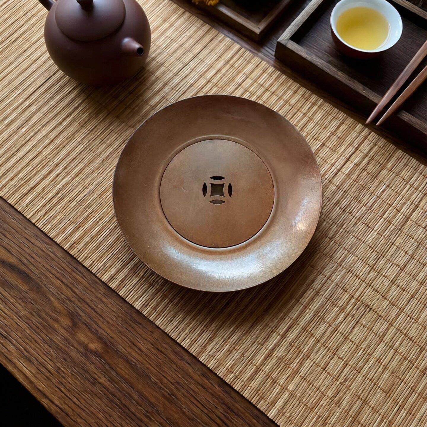 中式复古铜钱紫铜小壶承手工圆形干泡台素雅果盘杯托茶盘茶托茶道