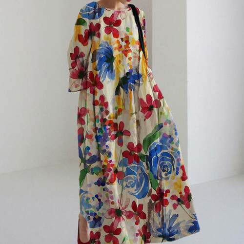 Women's round neck high-end long sleeved printed dress