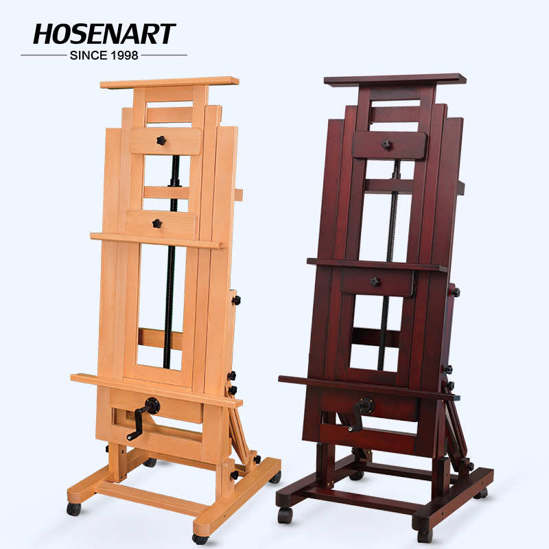 榉木单摇杆手摇平立大型油画画架落地可前倾后仰木制可升降专业
