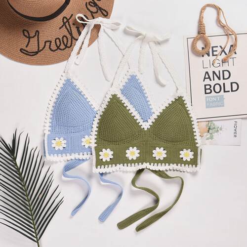 Embroidered Flower Bikini Set, Summer New Halter Backless Sw