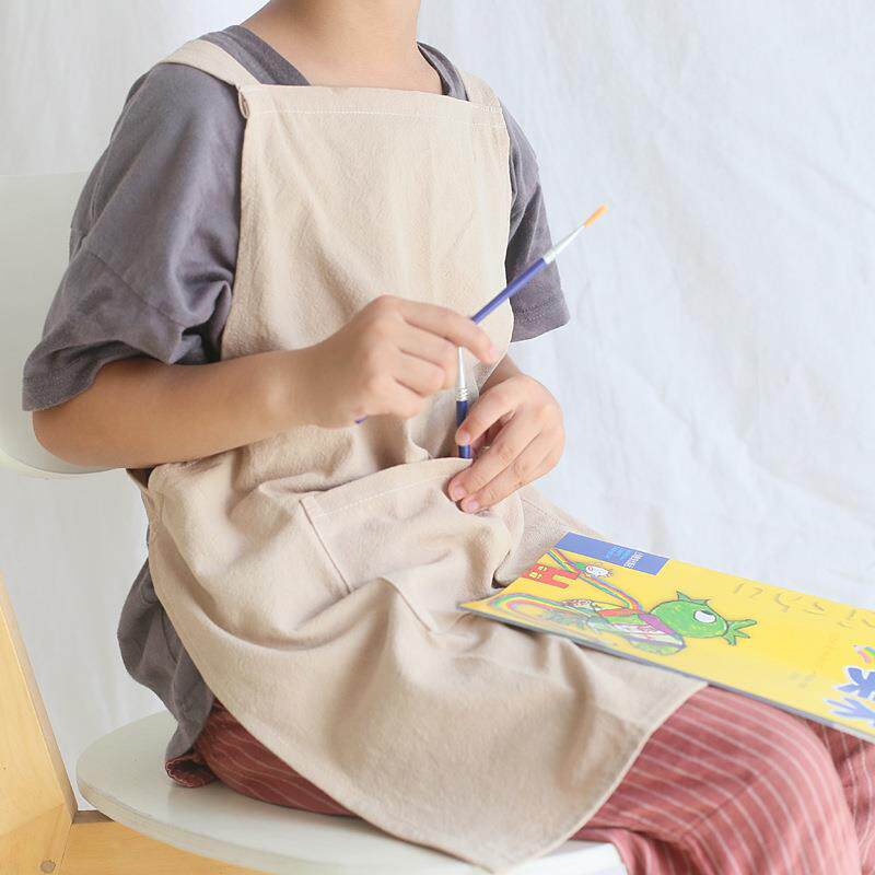 新款直销日式棉麻免系带儿童围裙 小孩儿童绘画服罩衣 亲子围兜亚