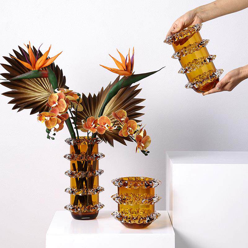 现代轻奢风厚重手工吹制玻璃花瓶摆件软装样板间客厅创意琉璃花器