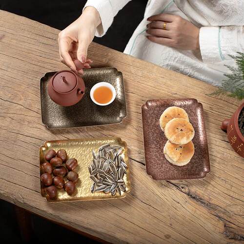 手工锤纹铜壶承干泡台复古风中式茶壶底座壶托养壶垫茶点心铜托盘