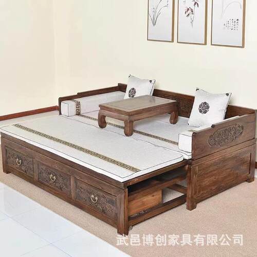 帝覃家居 老榆木推拉罗汉床花鸟罗汉床罗汉榻双人沙发伸缩沙发床