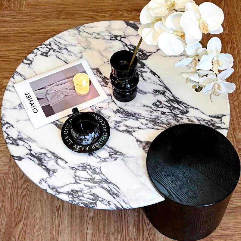 意式极简钢化玻璃客厅轻奢现代不锈钢岩板水波纹大理石圆形茶几