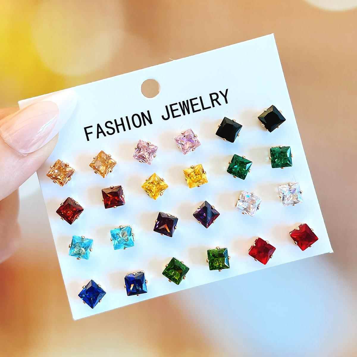 12 piece set of colored earrings跨境多巴胺彩色方形锆石耳钉