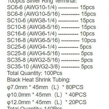 跨境240pcs窥口铜管端子SC接线端子100PCS+140PCS铜鼻子热缩管