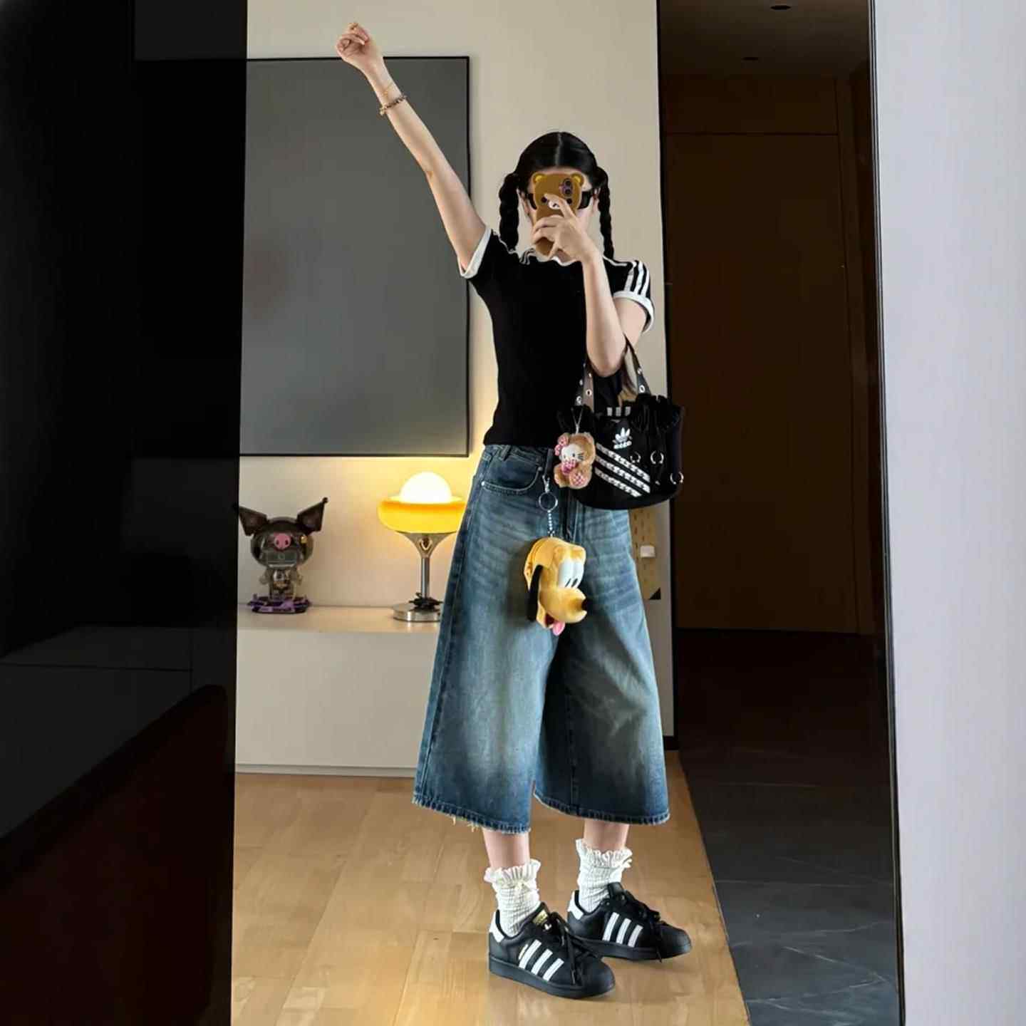 美式覆古阔腿牛仔短裤女夏季大尺码胖mm八分裤高腰宽松显瘦七分五