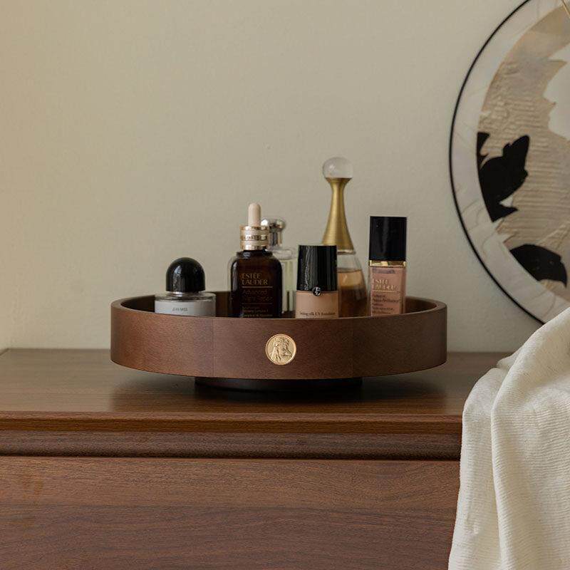 化妆品收纳盒桌面高级旋转收纳盘护肤品香水化妆台置物架实木托