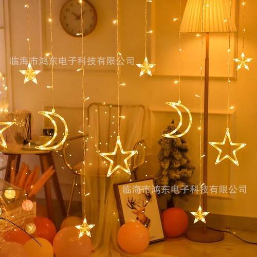 太阳能庭院灯室内星星月亮窗帘灯露营灯串太阳能遥控充电户外装饰