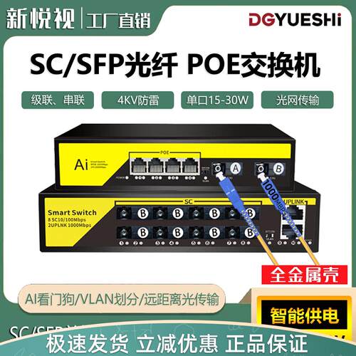 新悦视光纤POE交换机单模单纤SCSFP光汇聚串联环网国标供电收发器