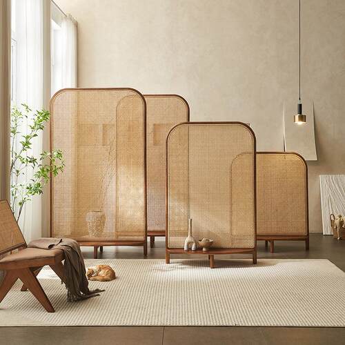 北欧实木藤编屏风隔断客厅卧室移动玄关遮挡简约现代置物座屏