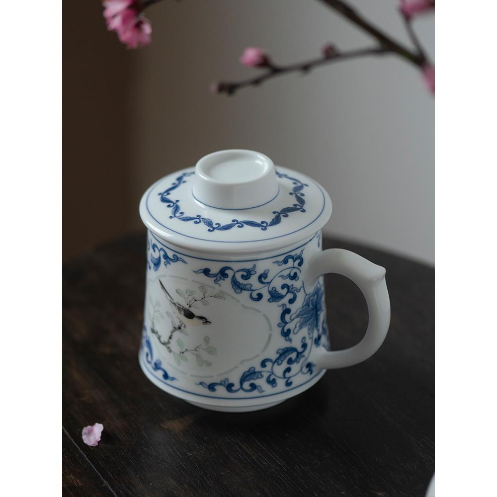 景德镇手工手绘茶杯茶水分离陶瓷中式青花玲珑瓷器泡茶杯带盖过滤