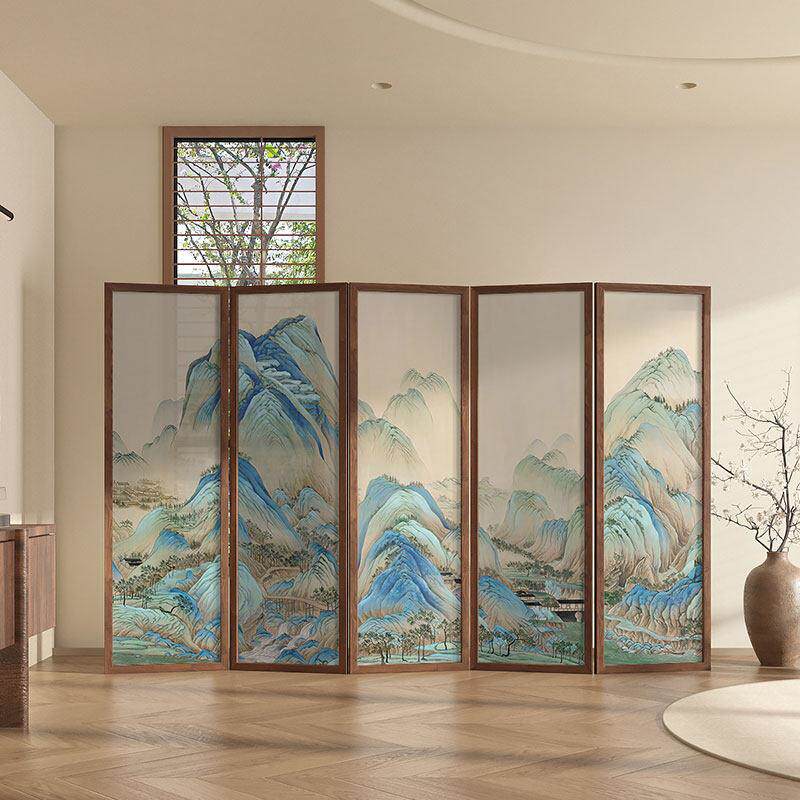 千里江山图屏风隔断入户正对门遮挡可折叠移动茶室新中式实木折屏