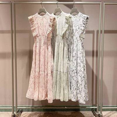 日系S家2025夏季树莓贝贝同款印花碎花荷叶袖百褶连衣裙女两件套