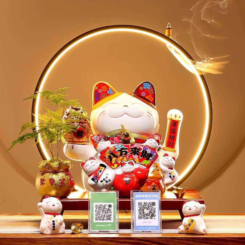 创意摇手招财猫摆件店铺开业礼品收银台家居客厅语音播报自动招手