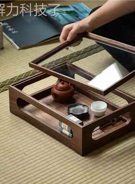 黑胡桃木茶茶杯收OVT纳盒具家用尘实木桌面放收纳柜文玩展示盒防
