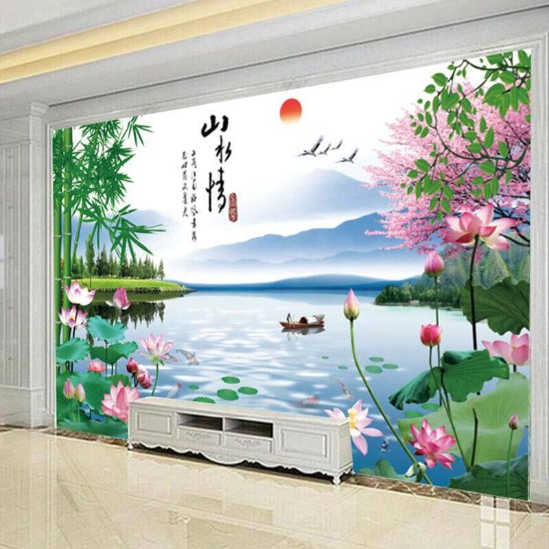 电视背景墙壁纸现代中式家和沙发装饰壁画墙布8d立体壁纸荷花竹子