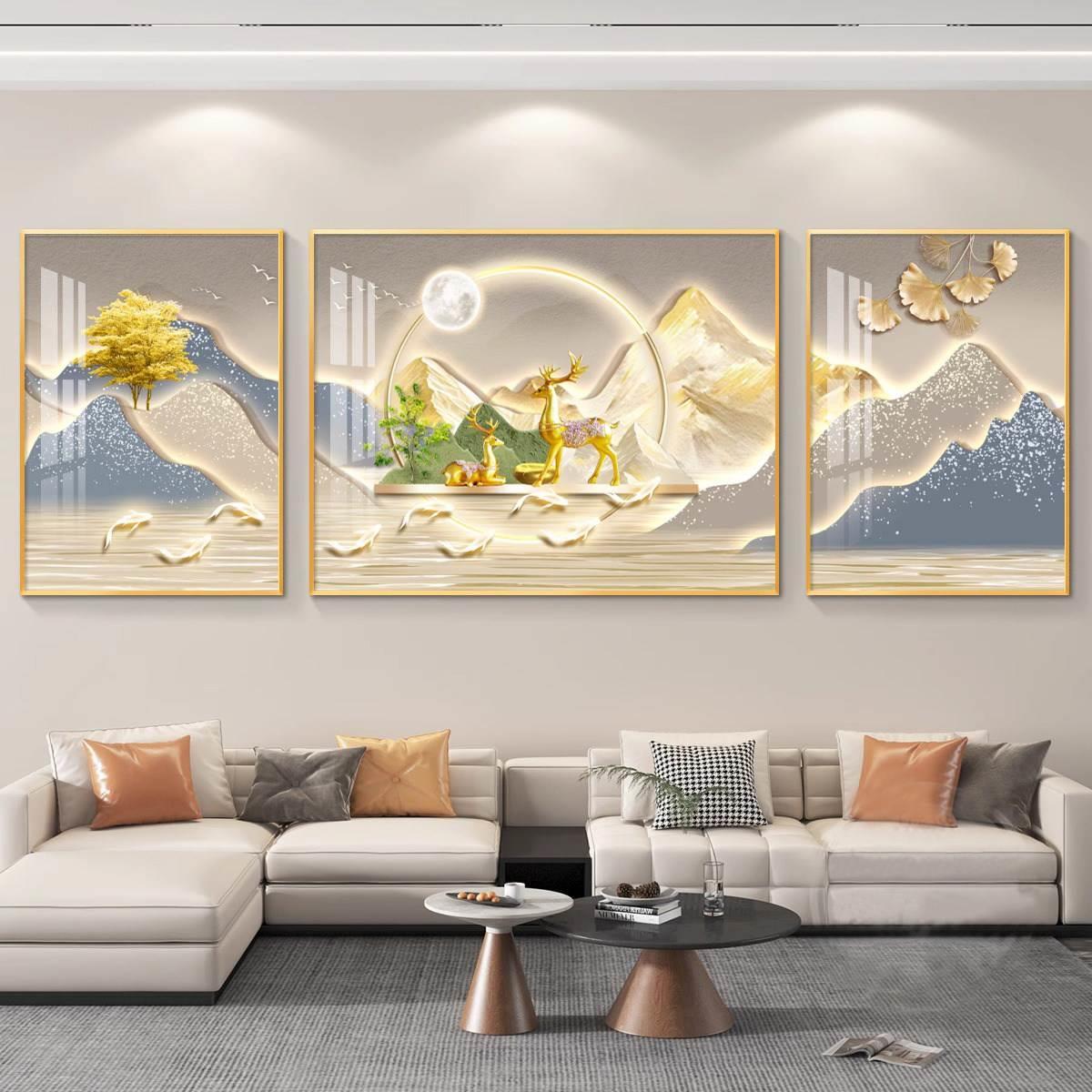 新中式背靠金山福鹿壁画客厅装饰画轻奢大气三联画沙发背景墙挂画