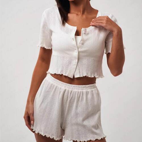 Knitted cotton hollowed out cardigan, pajamas, two short