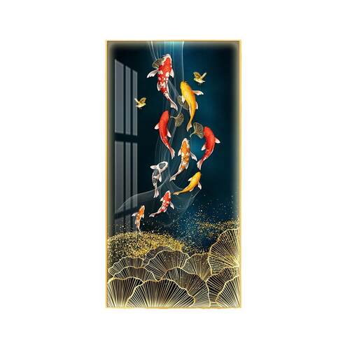 入户进门鱼图挂画壁画竖版走廊简约现代轻奢Led带灯玄关装饰画