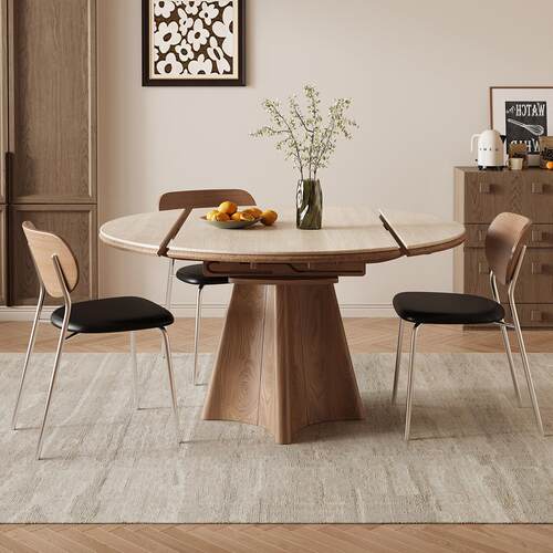 中古风岩板伸缩餐桌家用小户型方圆两用可折叠包豪斯复古圆形饭桌