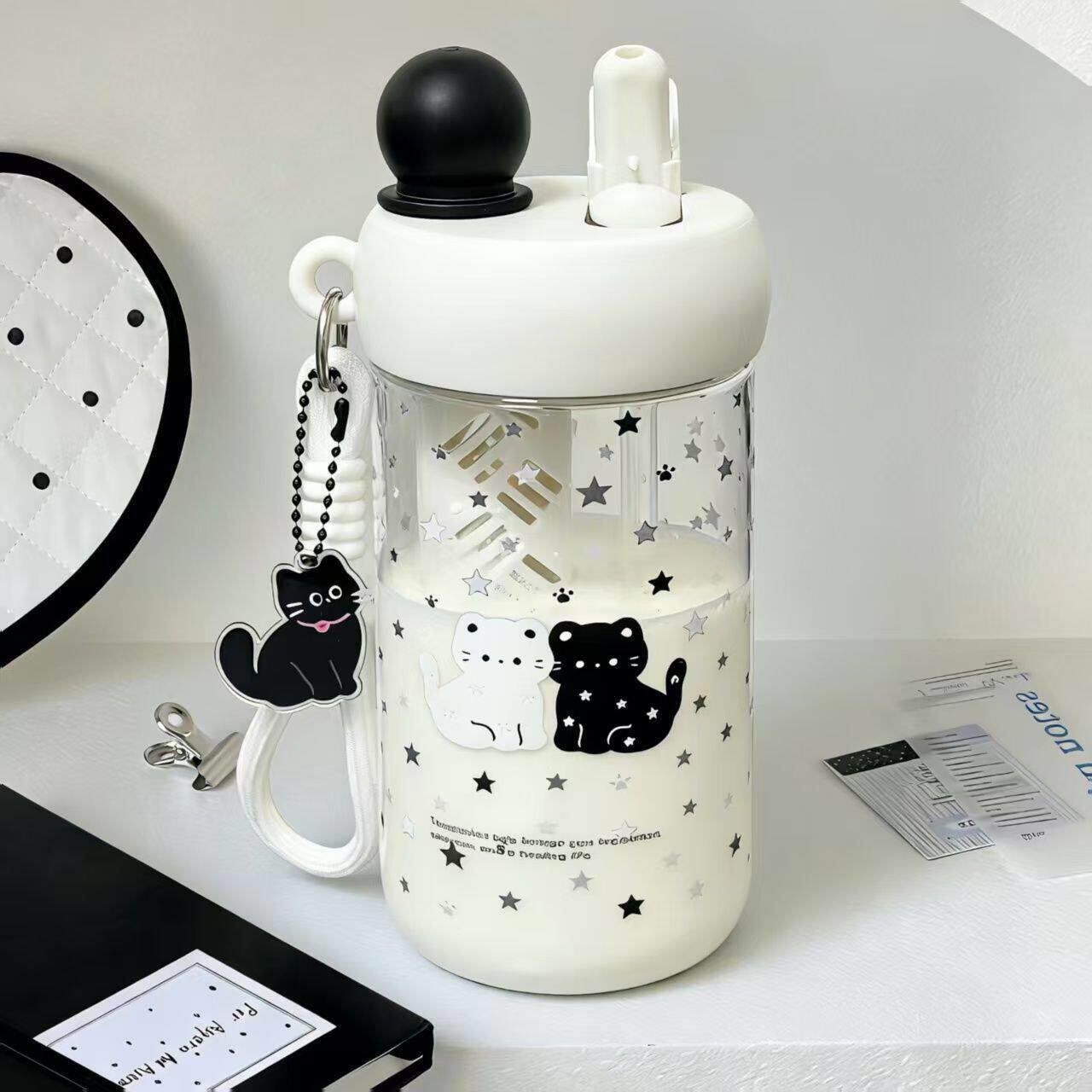 可爱黑白猫咪星星水杯学生便携随手杯办公室高颜值带茶隔塑料杯