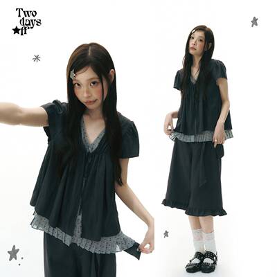 Twodaysoff双休日韩系甜妹假两件上衣网纱V领泡泡袖宽松短袖衬衫