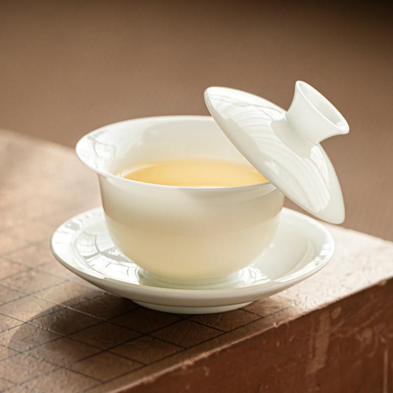 悬停冰种羊脂玉白瓷三才盖碗高档功夫茶具茶碗家用新款陶瓷泡茶杯
