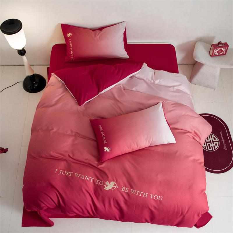 渐变色结婚婚礼床上用品房新婚被单婚庆被被套件套红色床单喜四婚