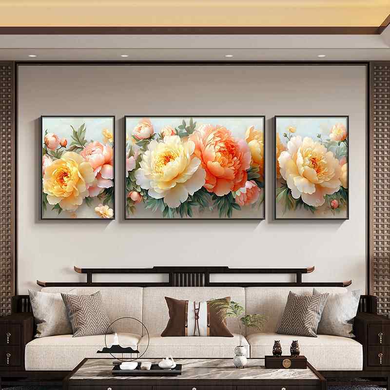 牡丹花挂画新中式客厅装饰画大气沙发背景墙三联画花开富贵组合画