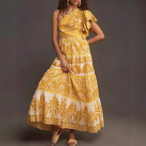 Lotus leaf edge printed single shoulder dress