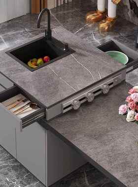 奢岩板家岛台餐桌一厨体房可伸缩现轻代简约用灰色中5E3-1岛台茶