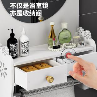 免打孔 卫生间浴室镜子带置物架洗手间厕所洗漱台圆镜收纳柜挂墙式