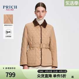 prich24春灯芯绒翻领菱格绗线可调节腰带，修身保暖棉服外套女