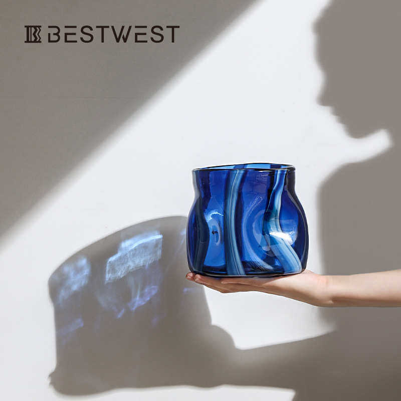 Best west 深蓝色异形不规则玻璃花瓶摆件高级感家居客厅水培花器