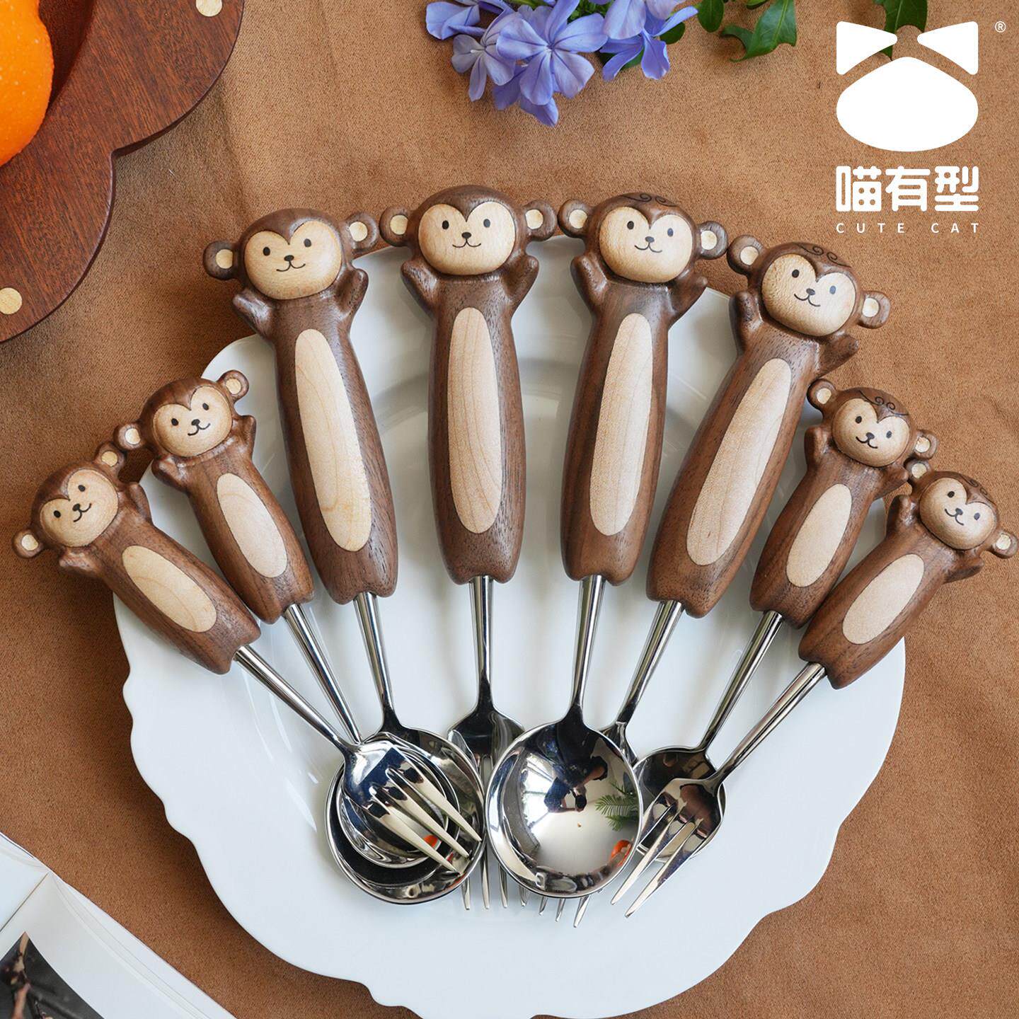 喵有型不锈钢家用勺子刀叉餐具套装可爱实木复古高档水果叉蛋糕勺