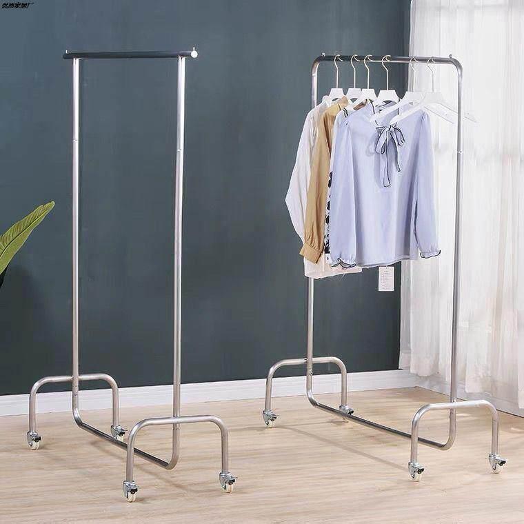 服装店挂衣杆带轮落地式不锈钢拉丝带轮子男女装店货架中岛展示架