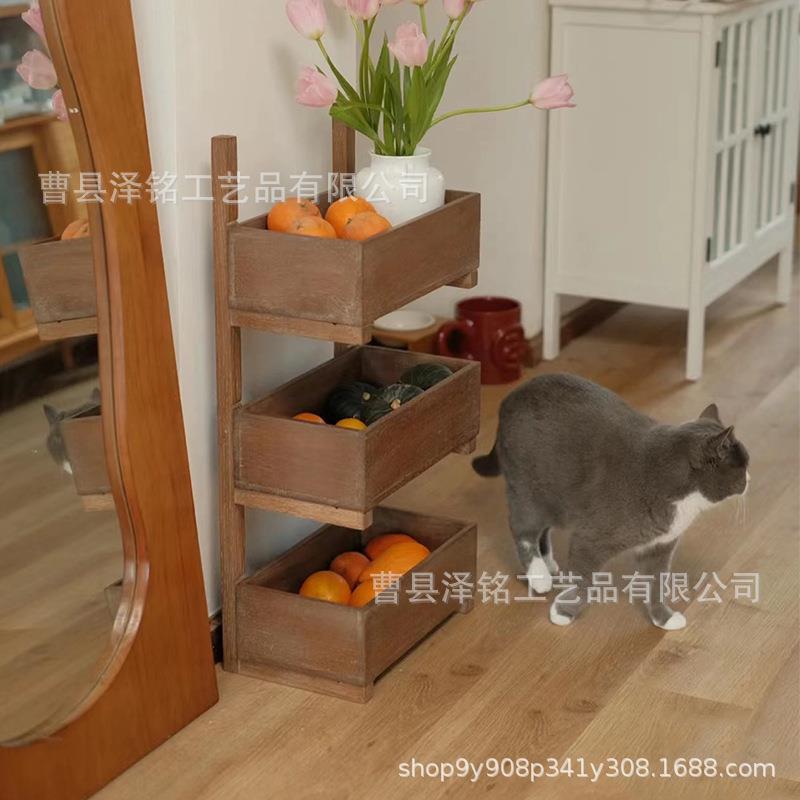 中风地式置物架木古制多纳层杂物收纳架家居客厅装饰水果落木质置