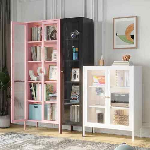 钢制书柜家用钢化玻璃门防尘储物柜层高可调节高脚款书架