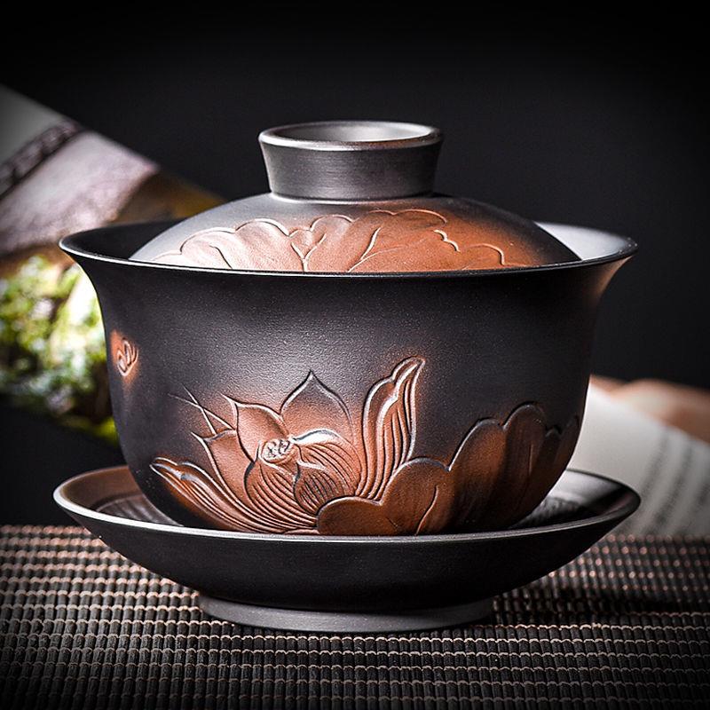 紫陶盖碗手工大号泡茶碗单个覆古敬茶高端茶具陶瓷盖碗