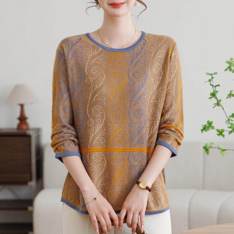 中老年妈妈洋气春装针织衫加肥加大码圆领上衣宽松遮肚春秋小衫女