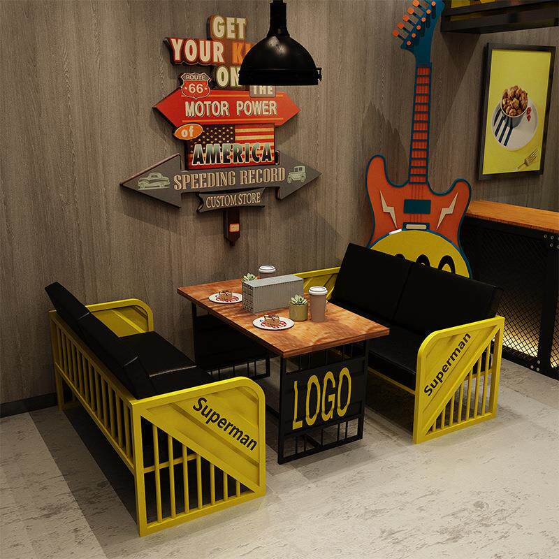 直销新款美式皮艺沙发桌椅组合 酒吧复古双人沙发椅 工业风铁艺沙