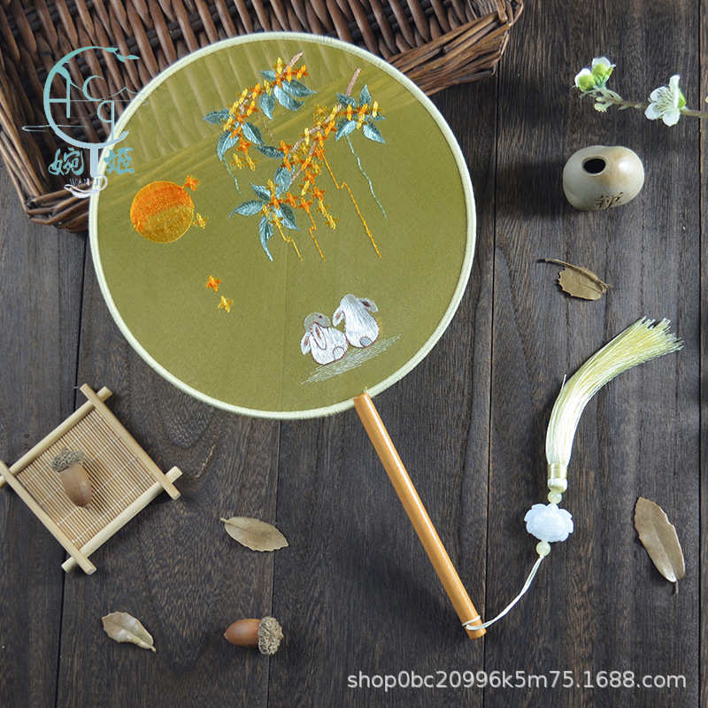 苏绣双面绣团扇刺绣绕丝包边桂花玉兔舞蹈扇汉服专用扇手工中国风