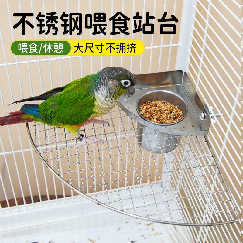 新款鹦鹉不锈钢喂食架休息平台跳台虎皮悬挂扇形站板带喂食盒站台