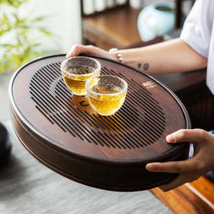 茶海茶托盘功夫茶具胡桃色 九竹茶盘竹制盛水椭圆形茶台家用储水式